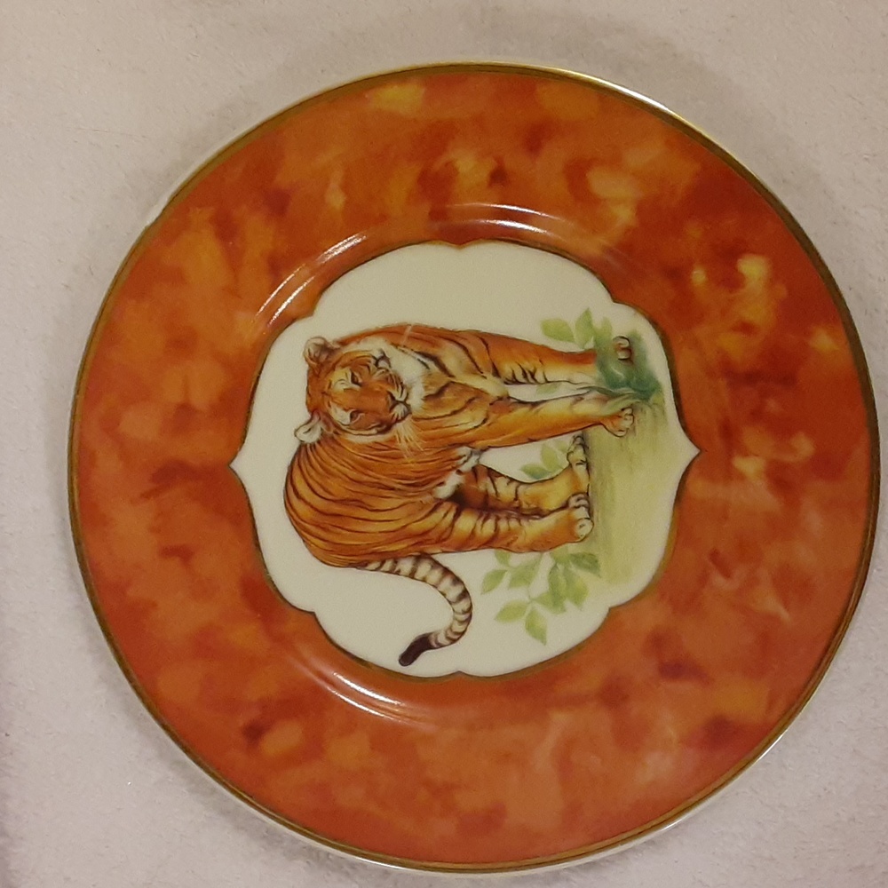 Limoges Godinger Email Decor a la main Marino Tiger Plate 8" Orange gold trim